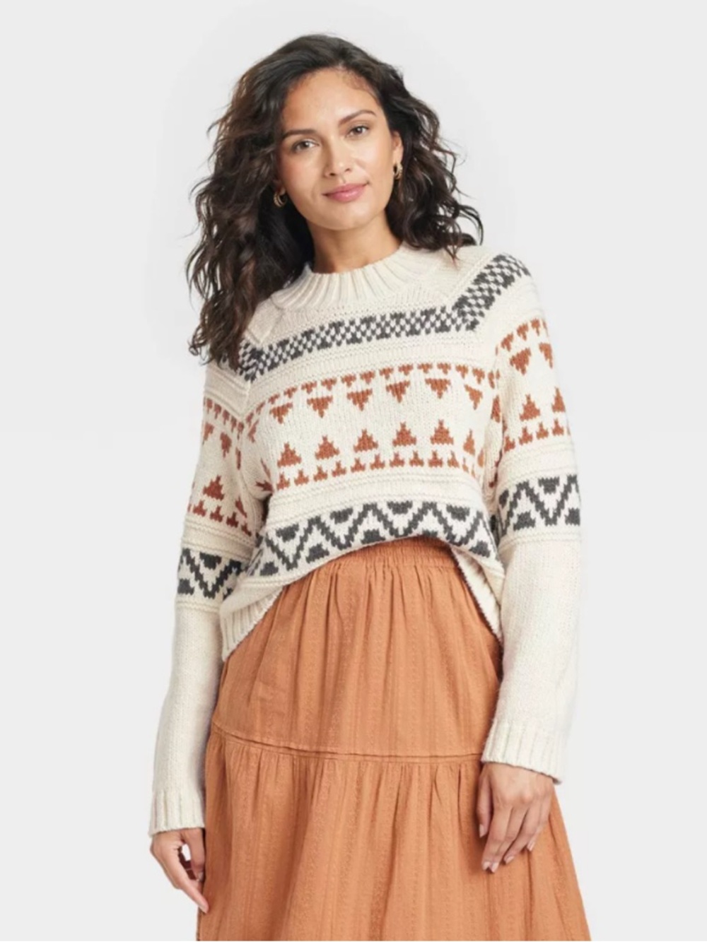 Universal Thread Cream Fair Isle Crewneck Sweater with Rust and Charcoal Accents